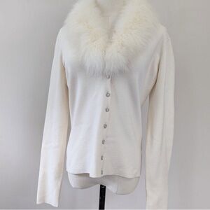 Vintage Cache Fur Collar Cream Cardigan Sweater 90s Y2K Holiday Womens L